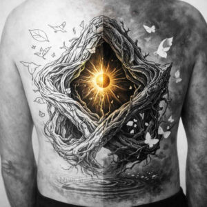 Black and grey tattoo design on the chest with a diamond-shaped frame of roots and a glowing sun at the center; a project idea, cover-up ready.