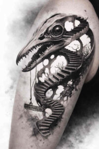 Dinosaur skeleton tattoo in black and grey realism on the upper arm; project concept, AI-generated, cover-up ready.