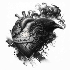 Black and grey tattoo design of a heart with ribbon, AI-generated project; perfect for cover-up.