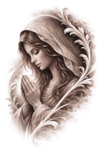 Virgin Mary praying portrait with floral border in black and grey; project idea tattoo concept.