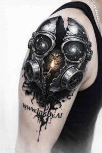 Gas mask tattoo in black and grey realism; AI-generated project idea, cover-up suitable.