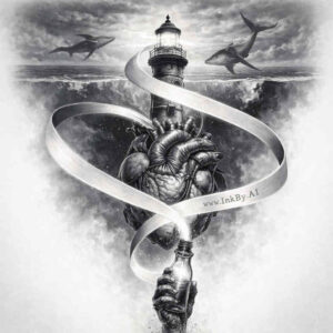 Lighthouse on a jagged cliff with a coiling snake and looping ribbon in black and grey; a project idea with cover-up potential.