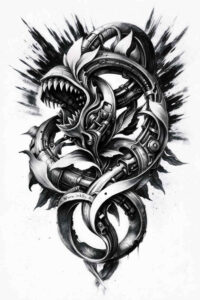Dragon in black and grey, highly detailed blackwork tattoo design; AI-generated concept for a cover-up project.