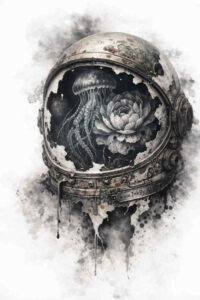 Astronaut helmet with a tiger visible in the visor, in black and grey, project idea, suitable for cover-up.