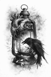 Crow perched on an ornate lantern in black and grey ink; a tattoo design idea, perfect for cover-up.