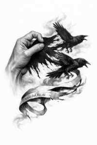 Hand with raven silhouettes in flight in black and grey, AI-generated tattoo design concept for a cover-up.