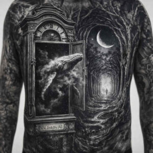 Moonlit forest doorway with a wolf in black and grey realism; AI-generated project idea, cover-up suitable.