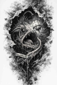 Black and grey demon skull entwined with rope bands and smoky background; project idea, perfect cover-up.