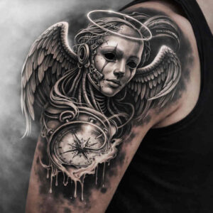 Angel with outstretched wings and halo in black and grey, concept tattoo design, grayscale realism.