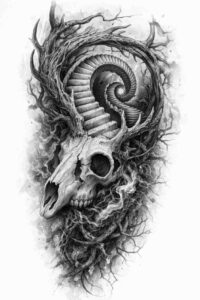 Ram skull with curling horns in black and grey; AI-generated concept, tattoo idea, perfect for cover-up.