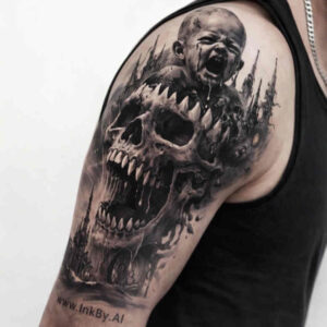 Skull tattoo on upper arm in black and grey realism; AI-generated tattoo design concept; cover-up-ready.