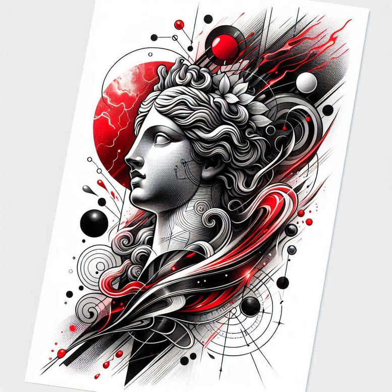 A black and grey Aphrodite-inspired tattoo design with red accents, featuring a classical head, flowing hair, circular motifs, and ribbon-like elements; concept artwork.
