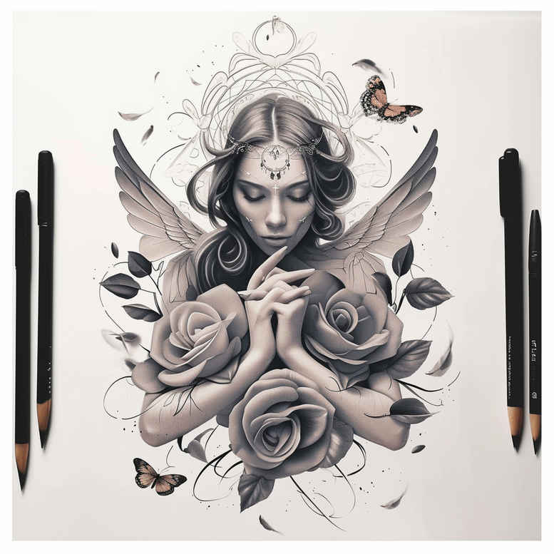 angel – tattoo design ideas free ai generated – realism-photo-realistic – for-arm – Gallery: angel-inkby-ai
