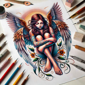 angel – tattoo design ideas free ai generated – realism-soft-contrast – for-outer-arm – Gallery: angel-inkby-ai