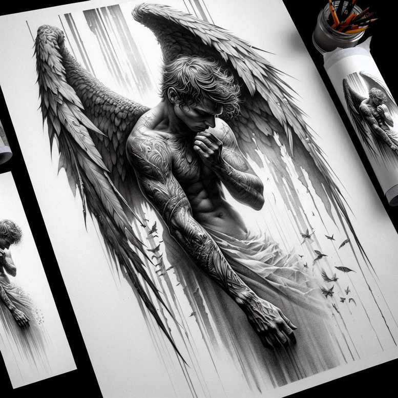 angel-messenger – tattoo design ideas free ai generated – neotraditional-expressive-lines – for-sternum – Gallery: angel-inkby-ai