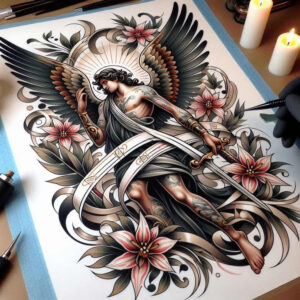 angel-of-charity – tattoo design ideas free ai generated – realism-rich-blacks – for-sternum – Gallery: angel-inkby-ai
