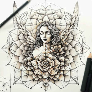 angel-of-charity – tattoo design ideas free ai generated – surrealism-transcendent – for-elbow – Gallery: angel-inkby-ai