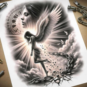 angel-of-charity – tattoo design ideas free ai generated – surrealism-unconscious-imagery – for-upper-chest – Gallery: angel-inkby-ai