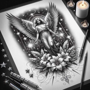 angel-of-forgiveness – tattoo design ideas free ai generated – realism-focal-blur – for-knee – Gallery: angel-inkby-ai