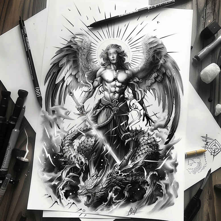 angel-of-grace – tattoo design ideas free ai generated – surrealism-unreal – for-lower-chest – Gallery: angel-inkby-ai