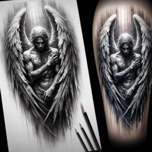 angel-of-grace – tattoo design ideas free ai generated – surrealism-vibrant-contrasts – for-upper-thigh – Gallery: angel-inkby-ai