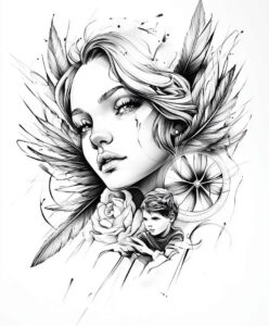 angel-of-healing – tattoo design ideas free ai generated – neotraditional-clean-lines – for-upper-shoulder – Gallery: angel-inkby-ai