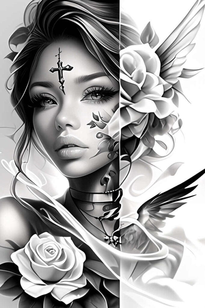 angel-of-healing – tattoo design ideas free ai generated – realism-clean-whites – for-sternum – Gallery: angel-inkby-ai