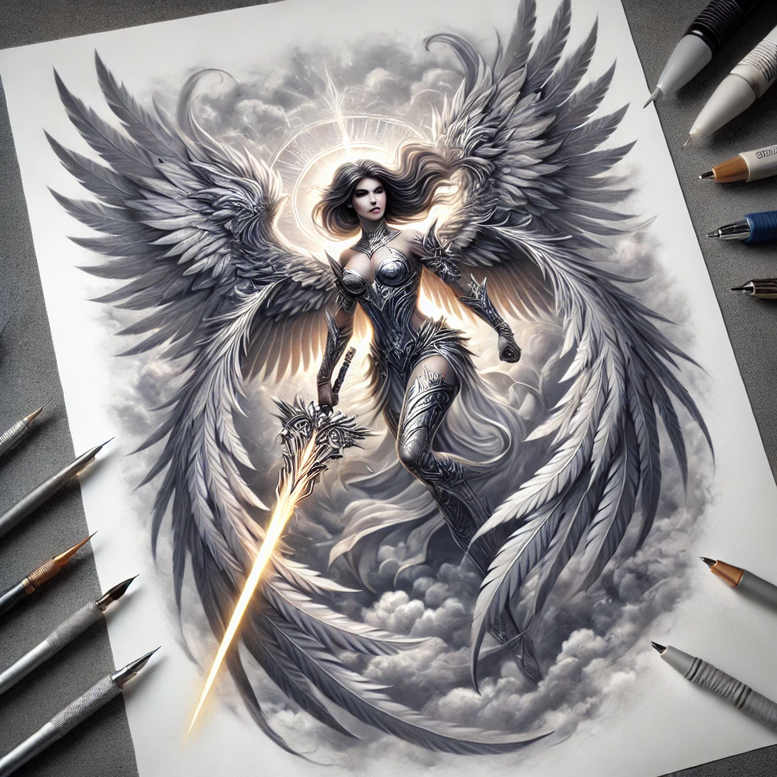 angel-of-joy – tattoo design ideas free ai generated – ornamental-swirl – for-shoulder – Gallery: angel-inkby-ai