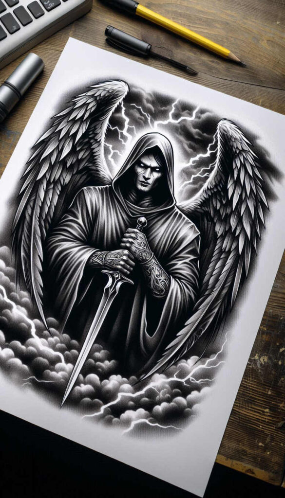 angel-of-light-and-shadow – tattoo design ideas free ai generated – neotraditional-vibrant-palette – for-upper-thigh – Gallery: angel-inkby-ai