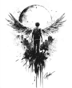 angel-of-love – tattoo design ideas free ai generated – neotraditional-bold-outline – for-back-of-neck – Gallery: angel-inkby-ai