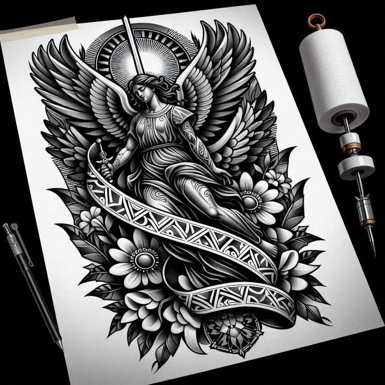 angel-of-love – tattoo design ideas free ai generated – neotraditional-enhanced-color – for-abdomen – Gallery: angel-inkby-ai