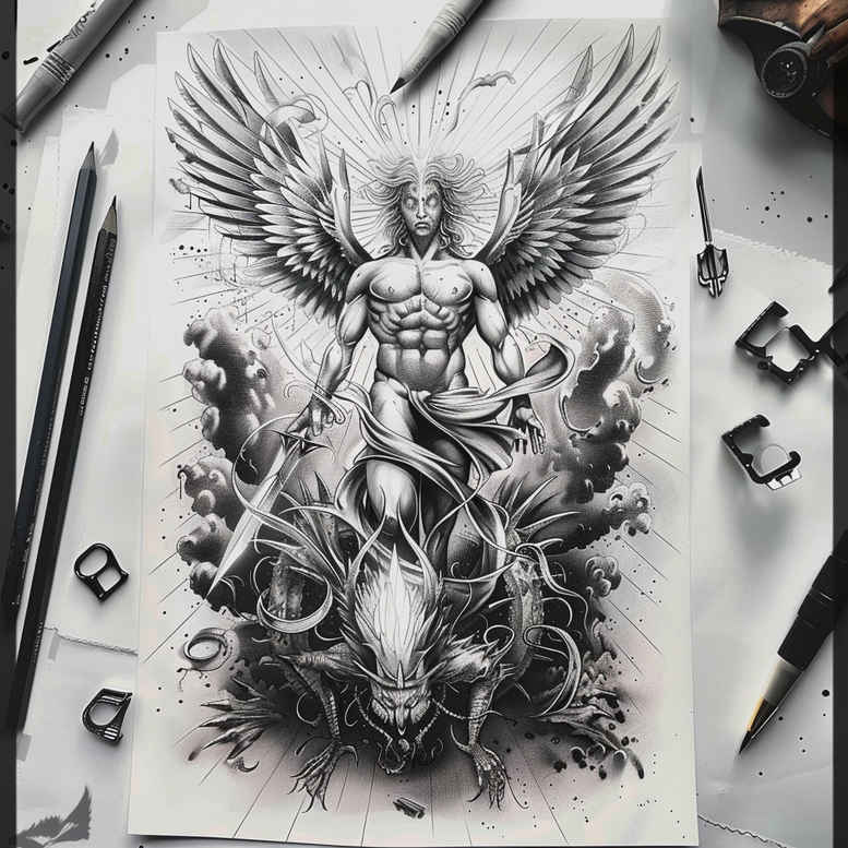 angel-of-love – tattoo design ideas free ai generated – neotraditional-enhanced-shading – for-behind-ear – Gallery: angel-inkby-ai