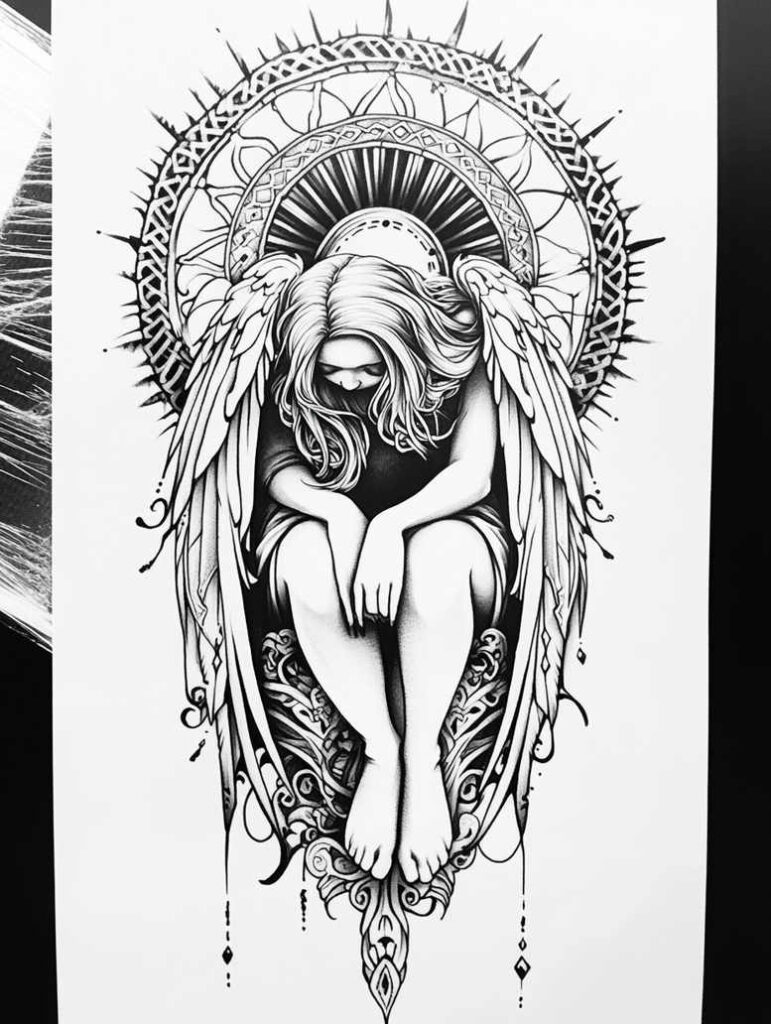 angel-of-mercy – tattoo design ideas free ai generated – neotraditional-color-overlays – for-outer-arm – Gallery: angel-inkby-ai