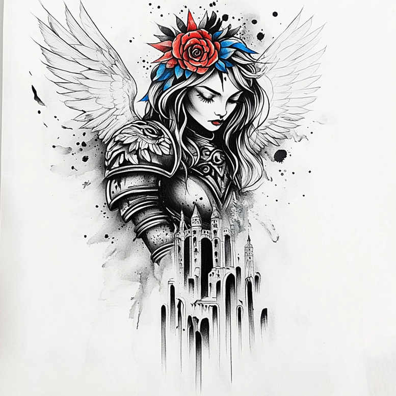 angel-of-peace – tattoo design ideas free ai generated – realism-subtle-gradients – for-spine – Gallery: angel-inkby-ai