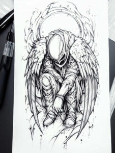 angel-of-peace – tattoo design ideas free ai generated – surrealism-phantom-shadows – for-side-torso – Gallery: angel-inkby-ai