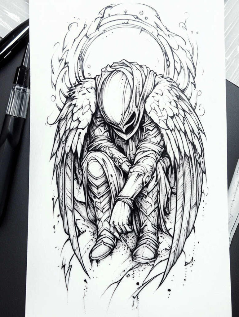 angel-of-peace – tattoo design ideas free ai generated – surrealism-phantom-shadows – for-side-torso – Gallery: angel-inkby-ai