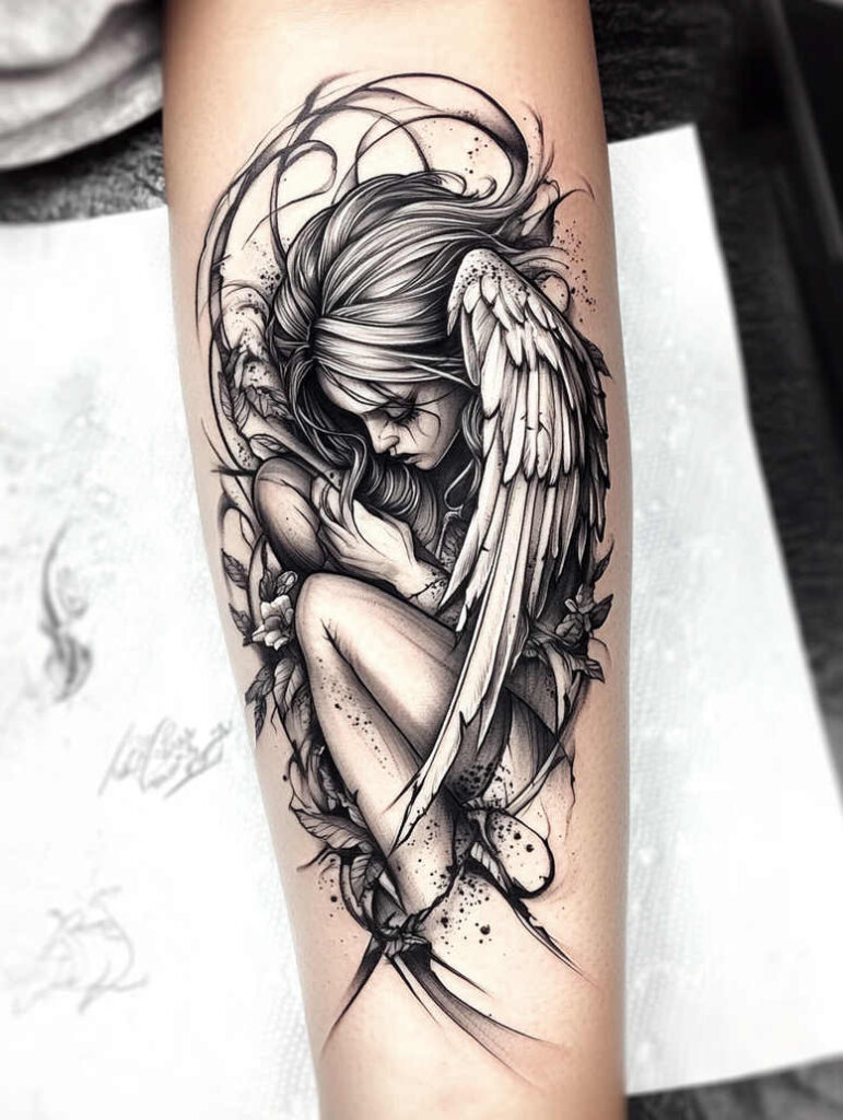 angel-of-peace – tattoo design ideas free ai generated – surrealism-visual-paradox – for-lower-arm – Gallery: angel-inkby-ai