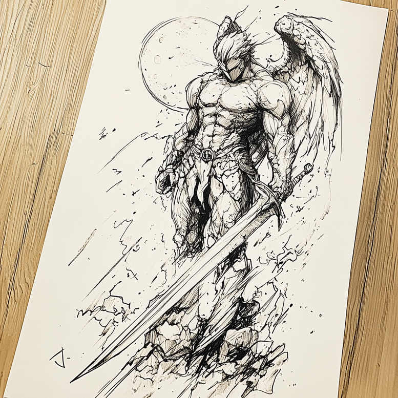 angel-of-protection – tattoo design ideas free ai generated – surrealism-chromatic-flux – for-lower-chest – Gallery: angel-inkby-ai