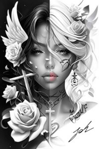 angel-of-purity – tattoo design ideas free ai generated – neotraditional-bold-texture – for-ribs – Gallery: angel-inkby-ai