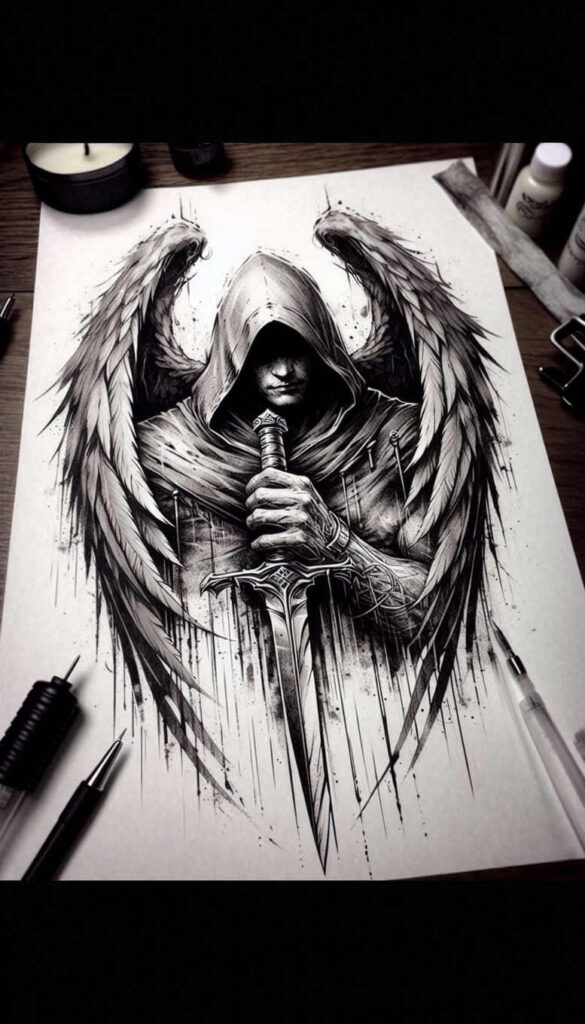 angel-of-redemption – tattoo design ideas free ai generated – neotraditional-classic-motifs – for-calf – Gallery: angel-inkby-ai