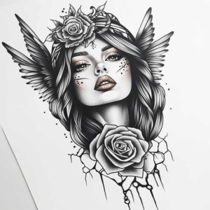 angel-of-serenity – tattoo design ideas free ai generated – neotraditional-bold-color – for-lower-chest – Gallery: angel-inkby-ai