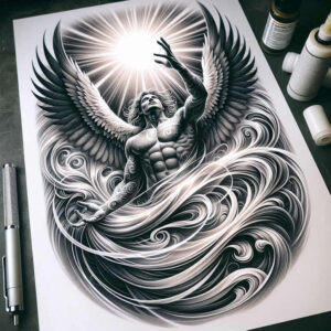 angel-of-serenity – tattoo design ideas free ai generated – neotraditional-clear-lines – for-full-back – Gallery: angel-inkby-ai