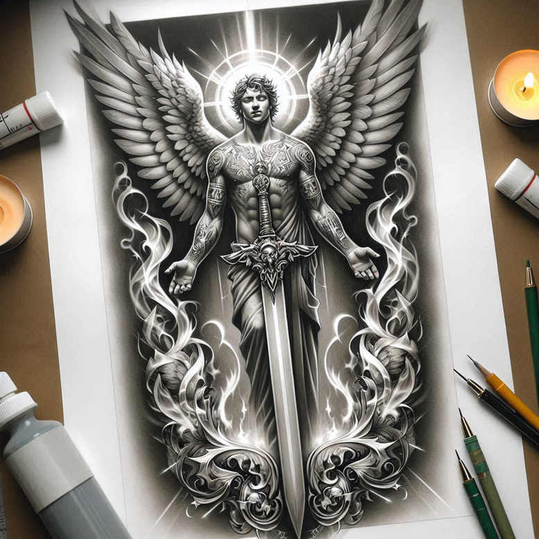 angel-of-strength – tattoo design ideas free ai generated – neotraditional-dynamic-color – for-triceps – Gallery: angel-inkby-ai