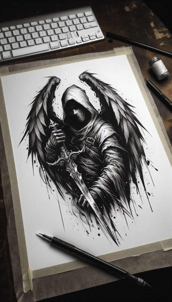 angel-of-the-dawn – tattoo design ideas free ai generated – neotraditional-clean-fill – for-side-torso – Gallery: angel-inkby-ai