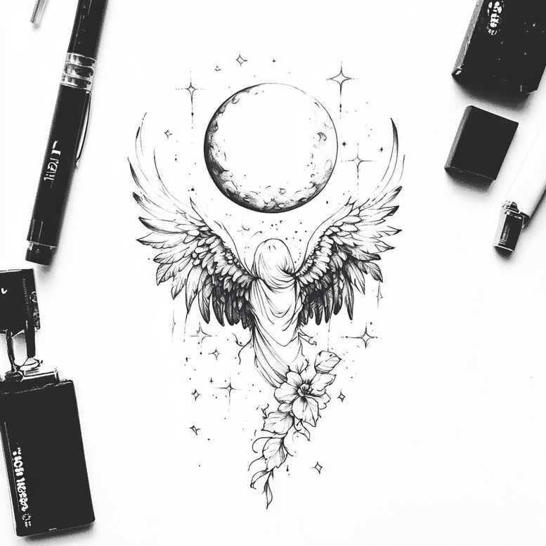 angel-of-the-night – tattoo design ideas free ai generated – surrealism-phantom – for-thigh – Gallery: angel-inkby-ai
