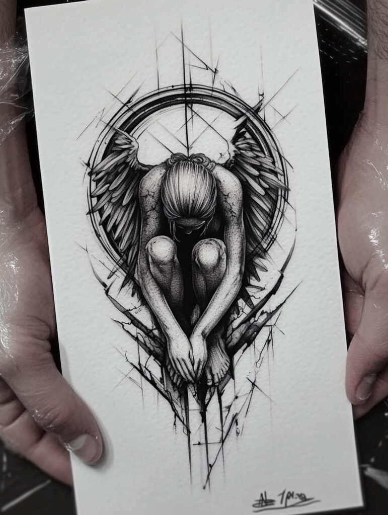 angel-of-truth – tattoo design ideas free ai generated – surrealism-abstract-forms – for-knee – Gallery: angel-inkby-ai