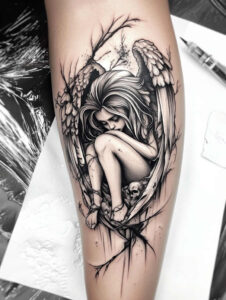 angel-woman – tattoo design ideas free ai generated – realism-hyper-realistic – for-lower-chest – Gallery: angel-inkby-ai