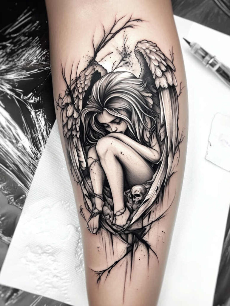 angel-woman – tattoo design ideas free ai generated – realism-hyper-realistic – for-lower-chest – Gallery: angel-inkby-ai
