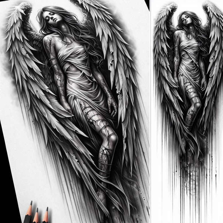 angel-woman – tattoo design ideas free ai generated – realism-natural-color-palette – for-thigh – Gallery: angel-inkby-ai