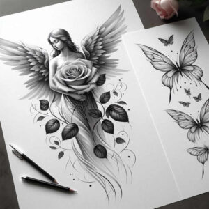 angel-woman – tattoo design ideas free ai generated – realism-soft-highlights – for-toe – Gallery: angel-inkby-ai